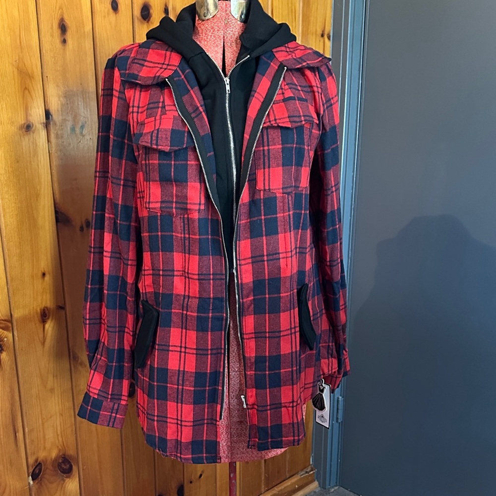 Cute Plaid Women's Utility Jacket Hoodie Red and Black by Retro Stage XL
